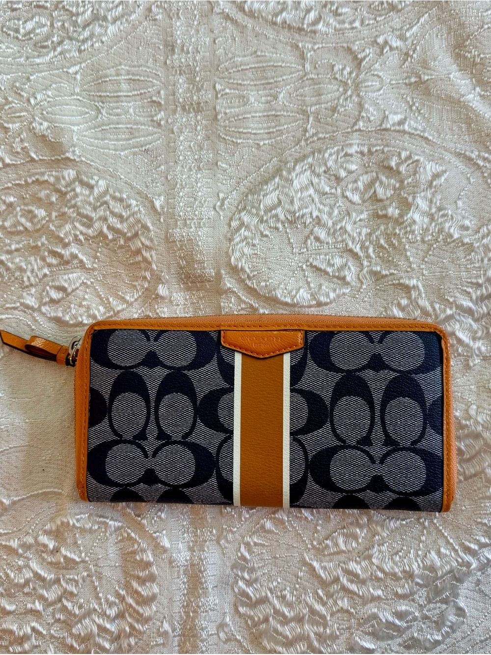 Coach Signature Canvas and Leather Zip Wallet in Navy and Orange